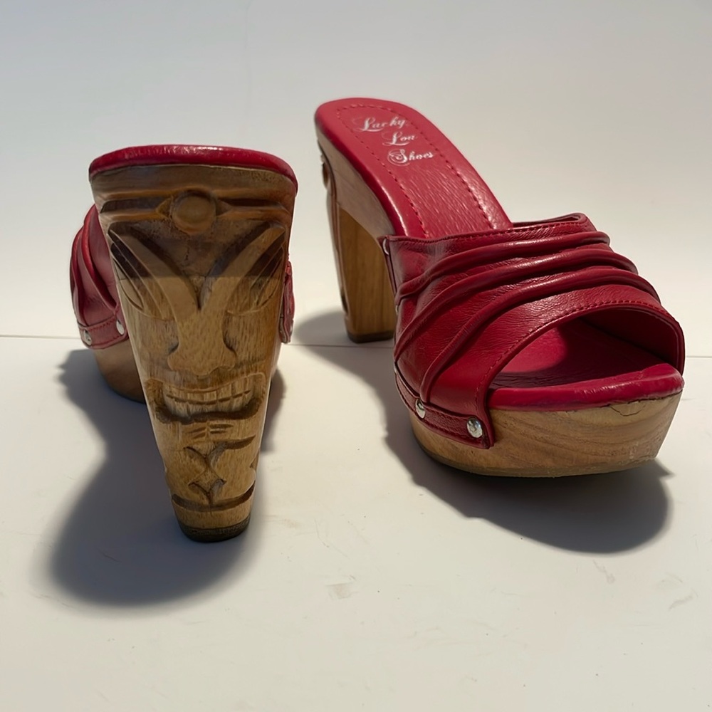Lucky Lou shoes Red Leather Wooden Heel Mules